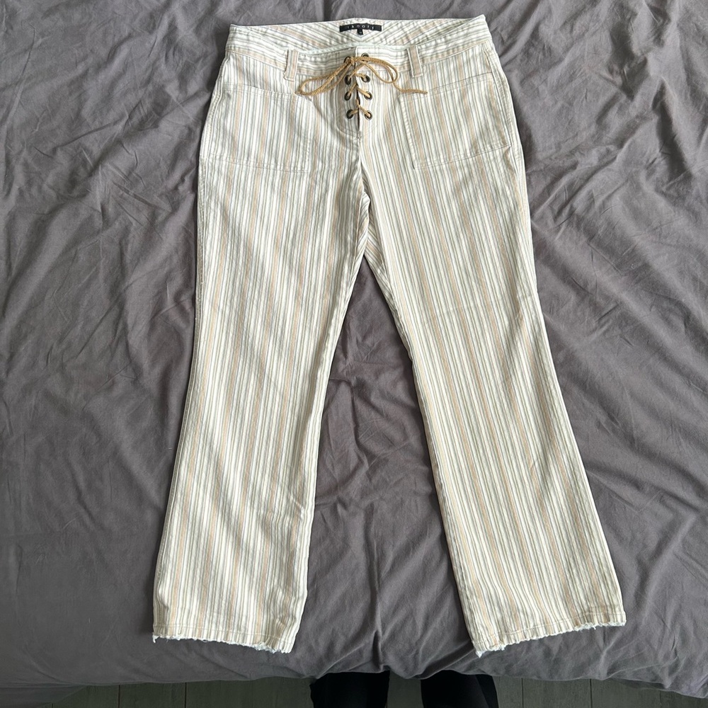 Theory Cream and Tan Striped Boot Cut Pants